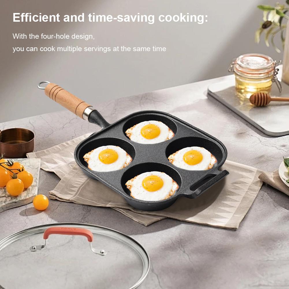 Versatile Four Hole Cast Iron Omelet Pan Heart-Shaped Non Stick Breakfast Frying Pan for Eggs and Pancakes