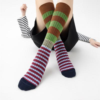 Ladies Spring and Autumn Trend Retro Stripes Color Check Calf Pile Socks