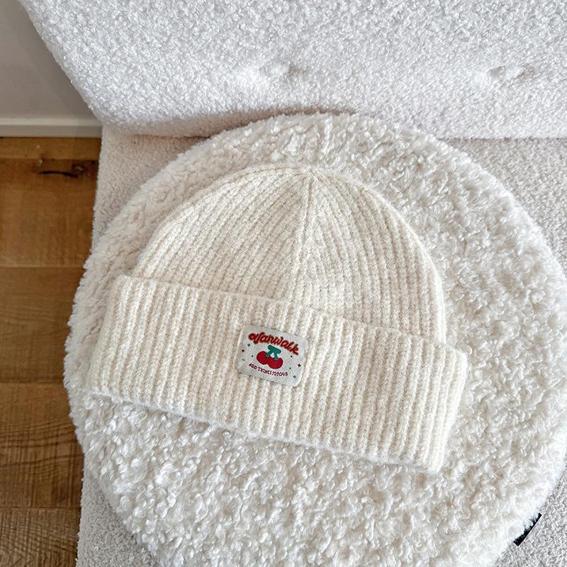 Autumn and Winter Embroidered Cloth Label Cherry Woolen Hat Korean Style Simple Face Showing Small Cold Hat Ear Protection Pullover Head Woolen Hat
