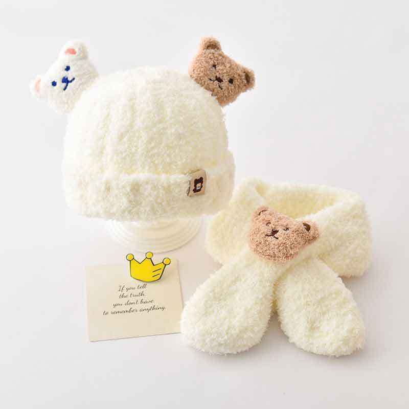 Autumn and winter baby hat scarf two-piece set super cute children's knitted tire hat bear warm ear hat