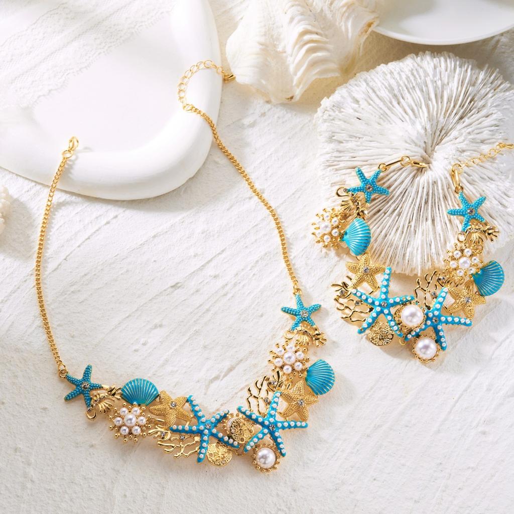 Imitation Pearl Blue Enamel Starfish Shell Coral Necklace Bracelet Set For Women Men Summer Sea Animal Beach Party Jewelry Set