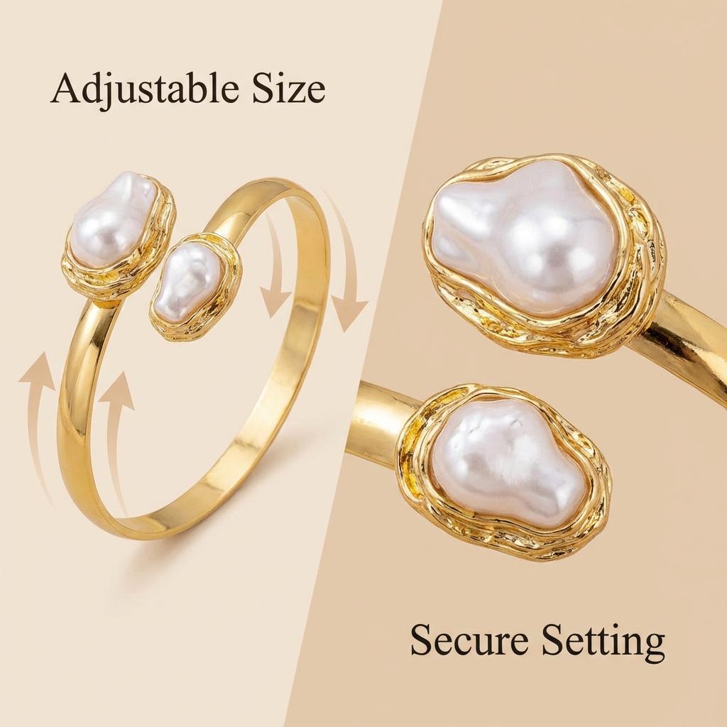 Vintage Baroque Imitation Pearl Jewelry Set for Women Metal Gold Color Open Cuff Bangle and Ring Party Daily Wear Jewelry Gift