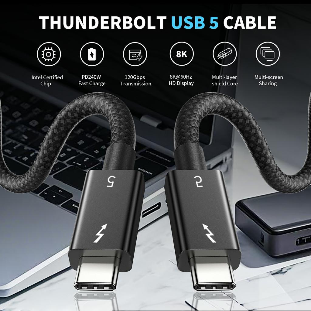 1m Compatible with Thunderbolt USB 5 Cable 80GB Data Transfer 8K 60Hz Video PD 240W Fast Charging Cord