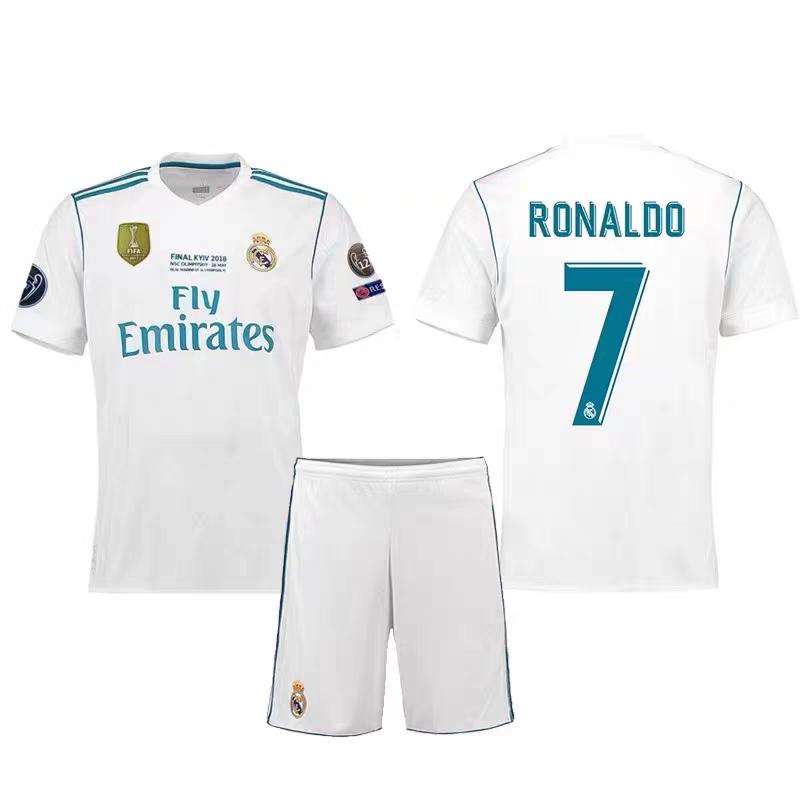 Retro Real Madrid 17/18 UCL Final Home Shirt | Ronaldo 7 Bale Soccer Jersey Set S