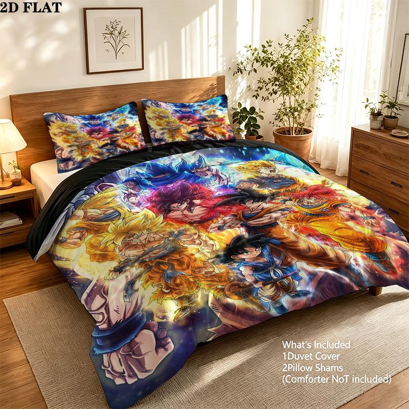 Dragon Ball Super Muster Bettwäsche Steppbett Set Bettbezug Kissenbezug Zuhause Geburtstagsgeschenk(1 Bettbezug + 2 Kissenbezüge, ohne Füllung)