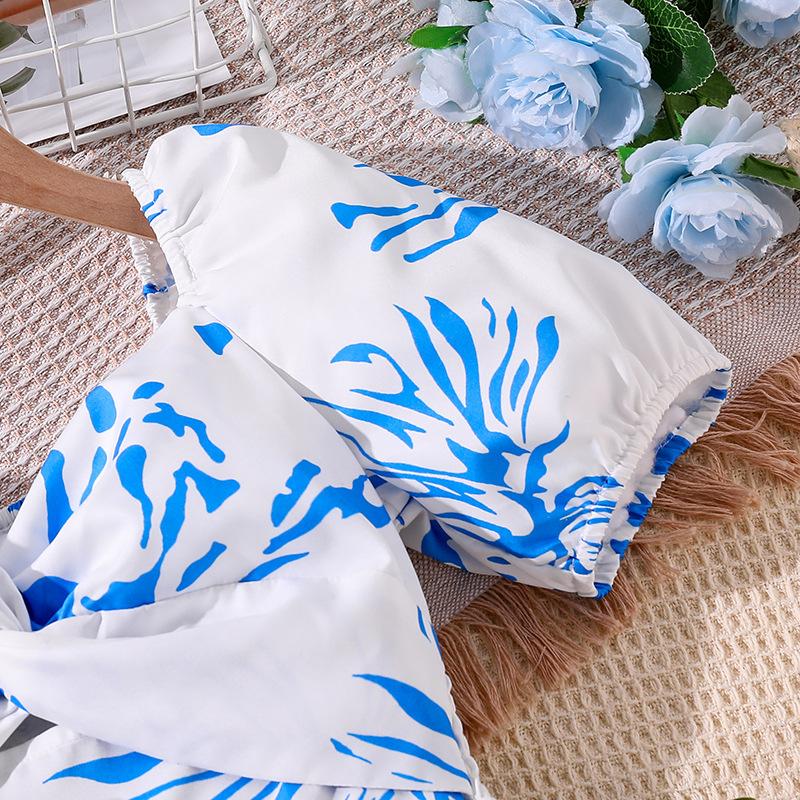 Girls Elegant Dress Spring Summer Children's Slim-fit Printed Puffed Sleeve Dress