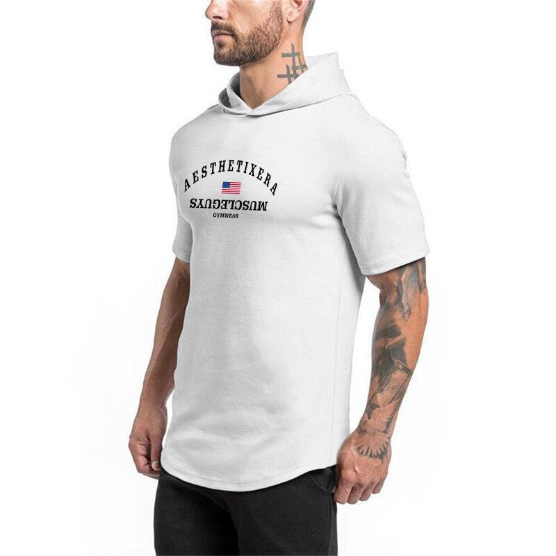 Muscleguys Neues Bodybuilding-T-Shirt mit Kapuze für Männer im Fitnessstudio, Sweatshirts, kurzärmliges Baumwoll-Sportwear-Fitness-T-Shirt, Muskel-T-Shirt
