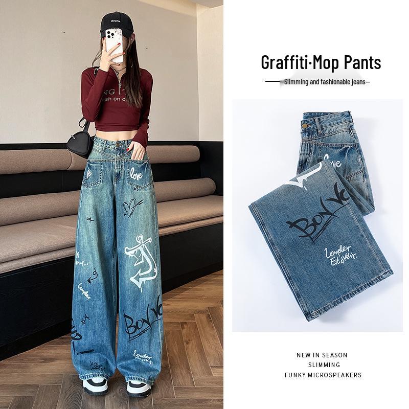 

Women s High-Waisted Graffiti Wide-Leg Jeans - Slimming, Loose, Floor-Length. 2XL
