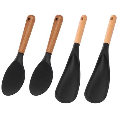 4Pcs Versatile Cooking Spoon and Rice Scooper Set Silicone Serving Spatula Spoon with Wooden Handle Kitchen Cooking Utensils
