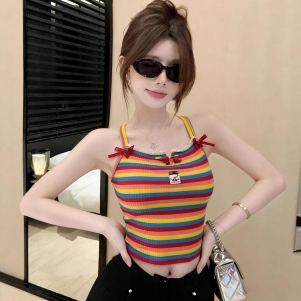 Dopamine Color Striped Vest Women's Summer Small Age Reduction Skinny Straps Small Suspender Versatile Inner Top