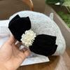 Autumn and winter bow beret woolen pearl versatile big head circumference showing face small painter hat flat top national style