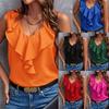 Women Ruffle V Neck Sleeveless Solid Color Casual Chiffon Blouse