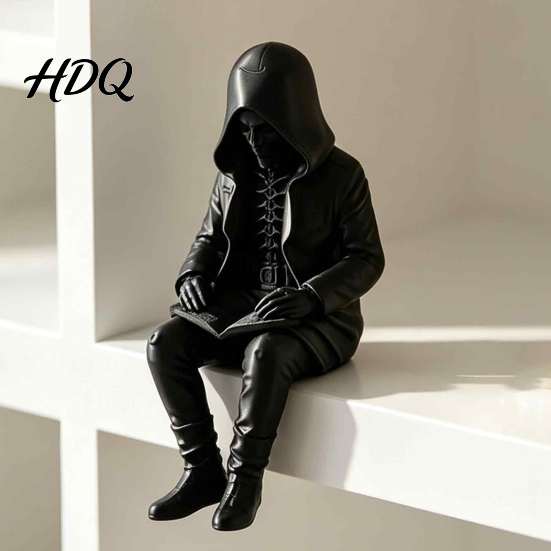Dark Academia Wohnkultur 3D-gedruckte Kapuzen-Skelett-Lesefigur Gothic Bücherregal-Rand-Sitzer Statue Raumzubehör Halloween-Dekoration