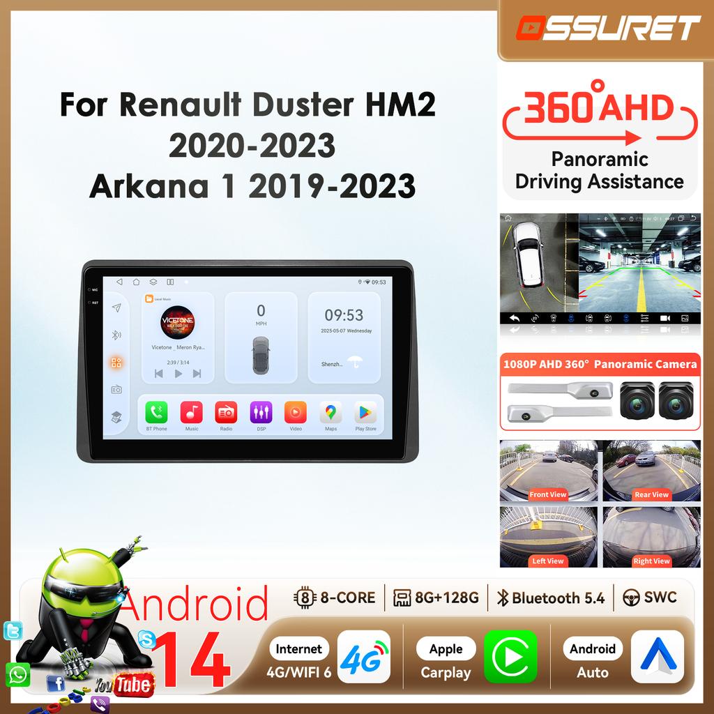 OSSURET Radio auto Qualcomm 8-Core 360 Camera Pentru Renault Duster HM 2 2020-2023 Arkana 1 2019-2023 Player multimedia Carplay inteligent Android Auto