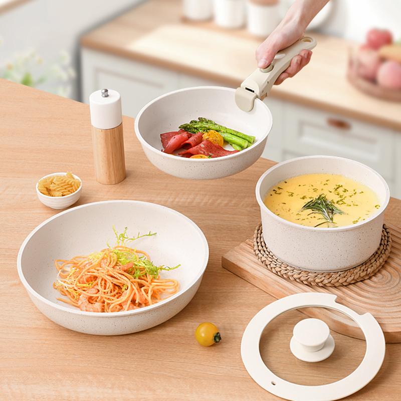 Detachable Handle Cookware Set Granite Coating Nonstick Pots Milk Pan Frying Pan Saucepan Compact Kitchen Set Stackable Storage Induction Stove Pot