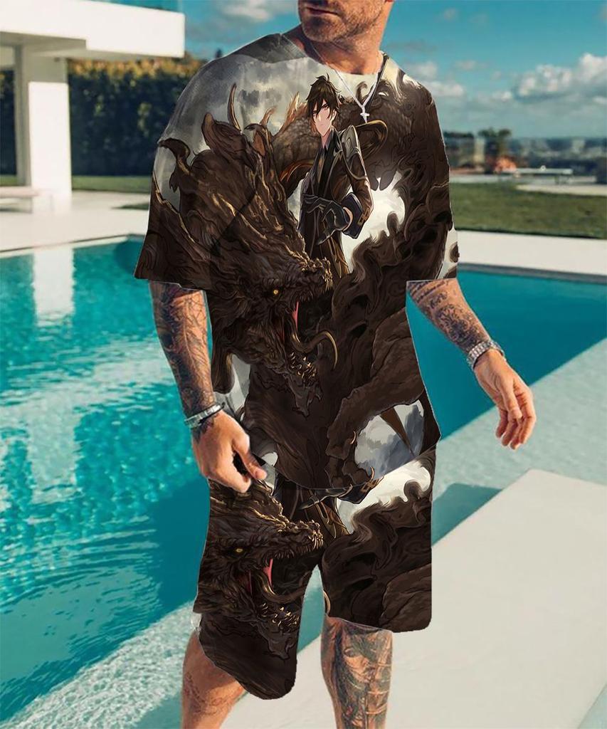 European and American cross-border new animation 3D digital original god printing men's T-shirt shorts set wholesale, short-sleeved set