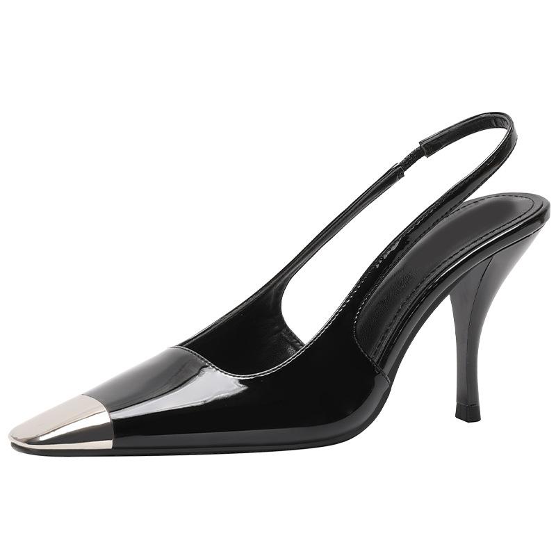 Rose Park Caiying same sexy patent leather high heels square head metal head thin heel single shoes black bag head sandals women