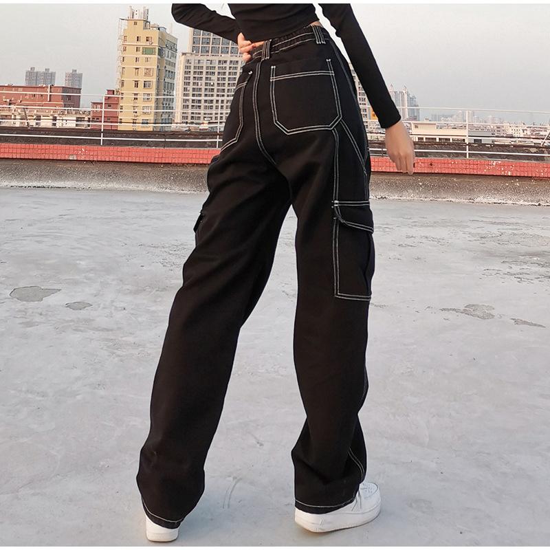 Women Cargo Pants High Waist Solid Color Loose Multi Pockets Full Length Soft Breathable Casual Streetwear Lady Denim Trousers
