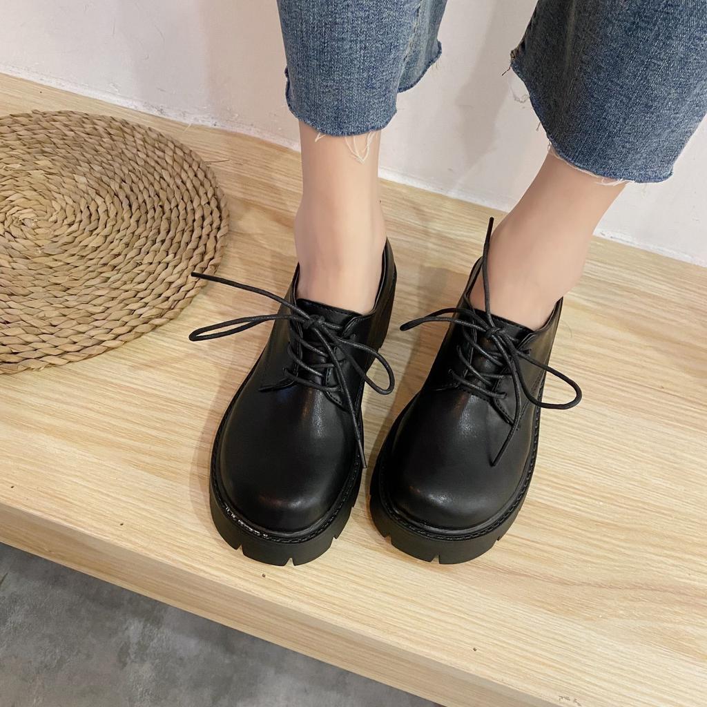New Autumn Spring Oxford Shoes For Women Solid Leather Casual Shoes Woman Flats Lace Up Thick Bottom High Heels Platform Shoes