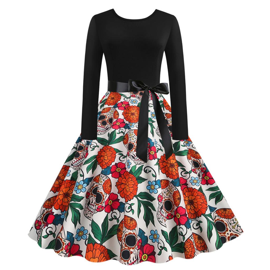 Dame Mote Trykk Langermet Rund Hals Casual Halloween Faldkjole