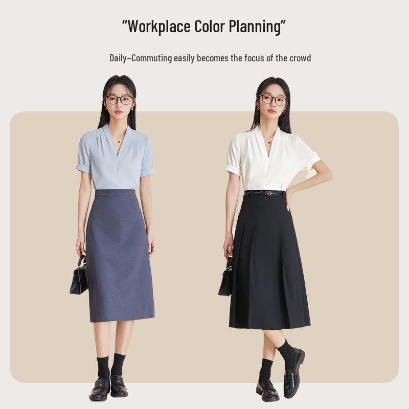 Women's Professional Short Sleeve V-Neck Satin Blouse - Iron-Free, Wrinkle-Resistant, Blue.