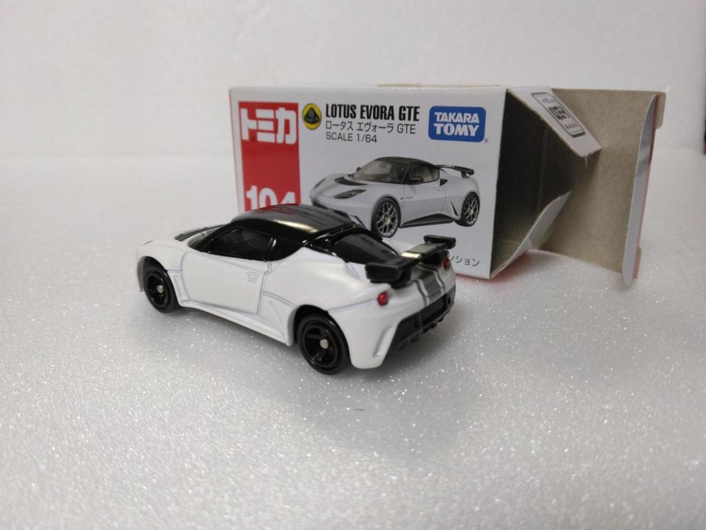 Tomica 104 Lotus Evora with clear case No. GTE, 1/64 scale, white,