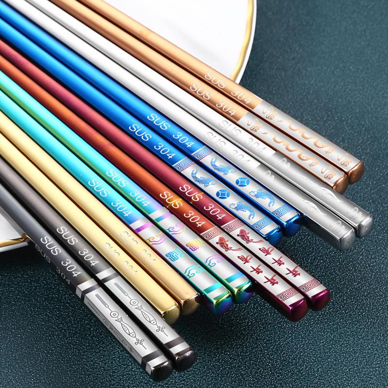 304 Stainless Steel Titanium Plated Gold Square Chopsticks Home Hotel Chopsticks Gift Box Set