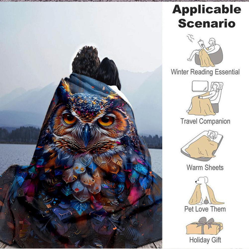 1pc Owl Feather Print Blanket - Lightweight Flannel Fleece with Digital Printing, Soft Warm for Sofa, Travel, Camping, Office yy251018329