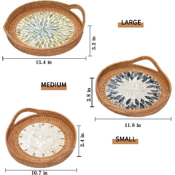 Set of 3 Round Rattan Tray Set with Mother of Pearl Inlay, Wicker Tray, Storage and Display of Coffee Bread Food Fruit, Table Decor, Home Decor