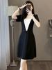 European Elegant Summer 2026 V-neck A-line Black & White Slimming Dress for Women