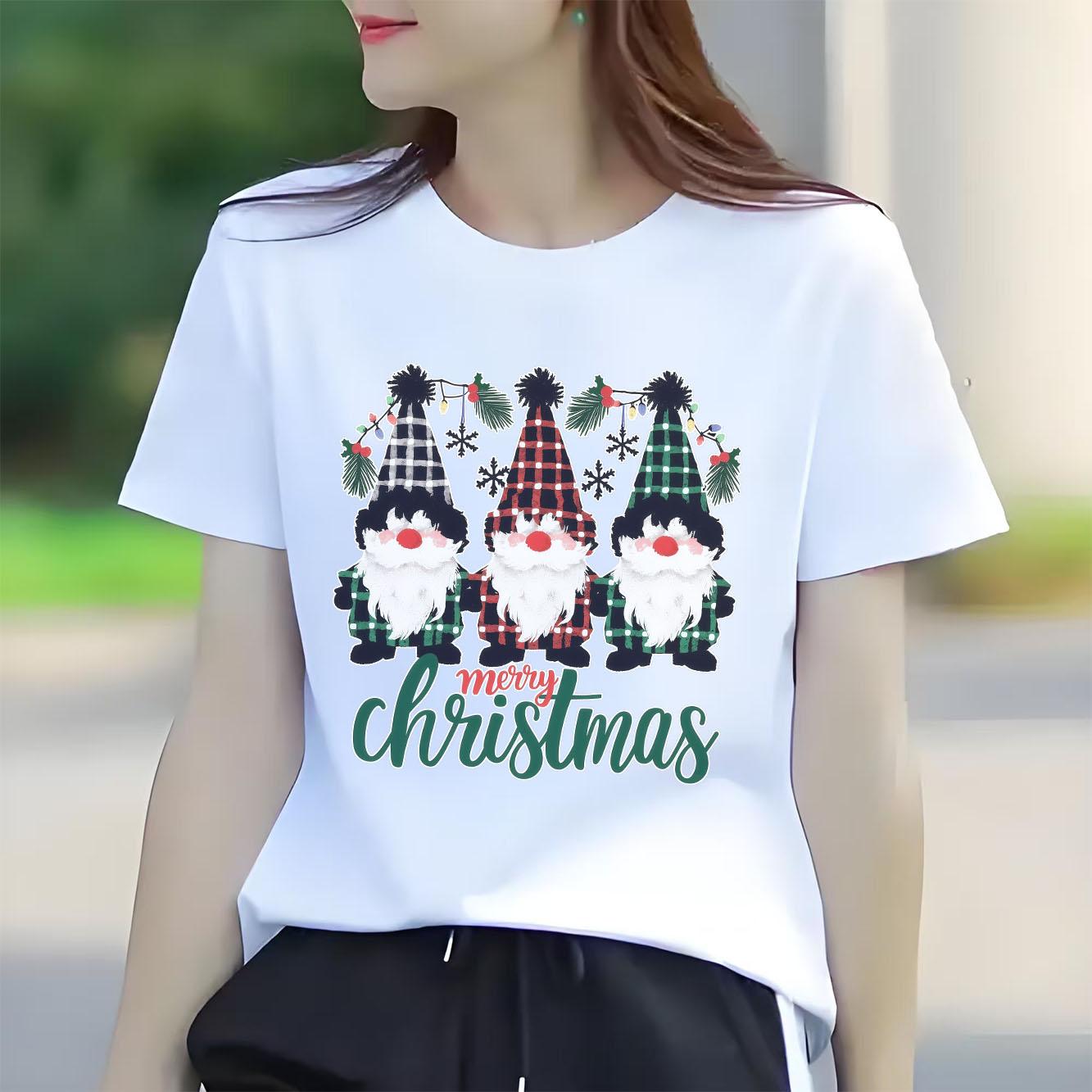 

Merry Christmas Santa Claus Retro Printed Pattern Tshirt Short Sleeve Round Neck Versatile Womens Tshirt S