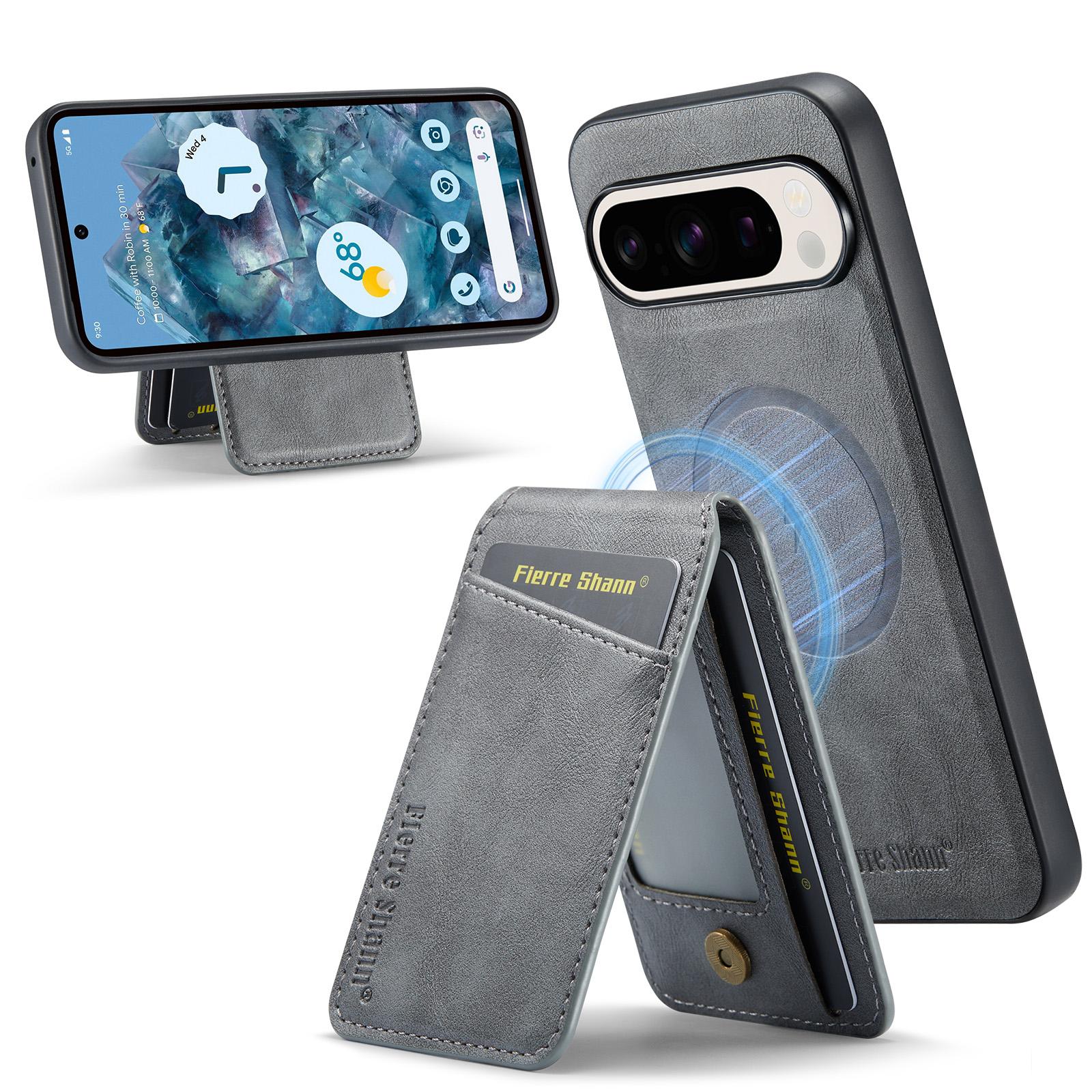 

FIERRE SHANN 025 Style For Google Pixel 9 Pro XL Case Leather+TPU Detachable Card Slots Phone Cover Grey