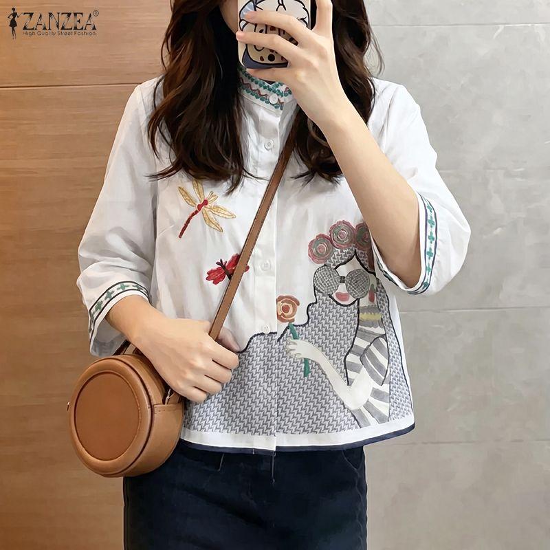 ZANZEA Women Stand Collar Loose Summer Casual Half Sleeve Print Blouse