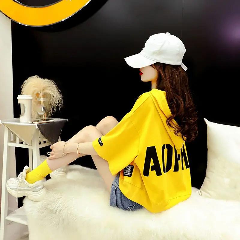 Summer Letter Printing Hoodies Women Round Neck Short Sleeve Drawstring Short Pullovers Ladies Korean Style Casual Top