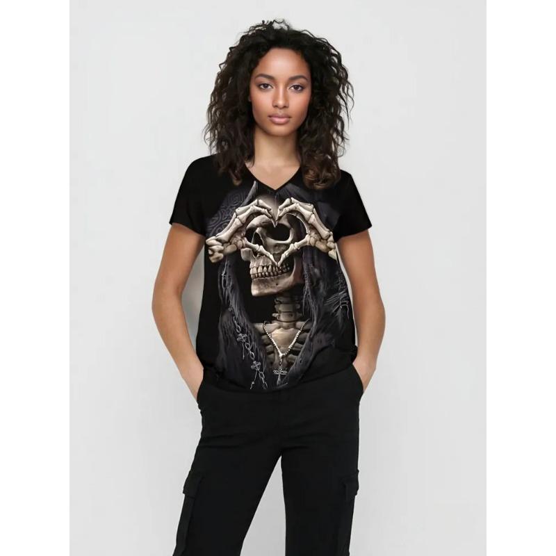 Summer V-neck 3D Skull Heart Graphic Printed Top Fashionable Casual Short Sleeved Women's T-shirts