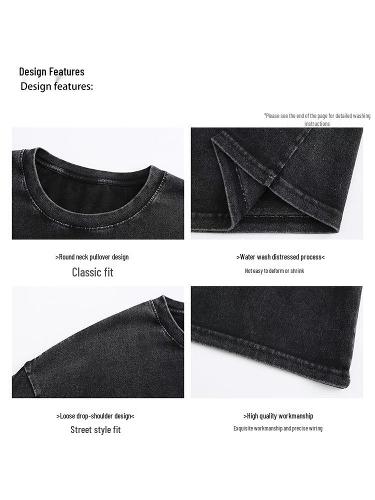 Men's Washed Drop Shoulder Crew Neck Retro Cotton T-Shirt - 230g, Short Sleeves, Trendy American Style.