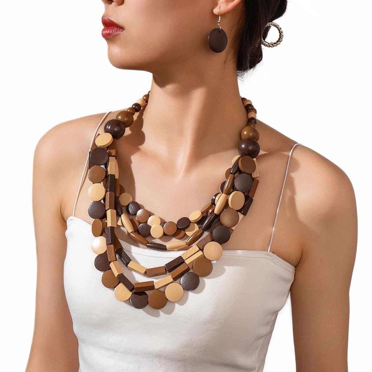 

Ретро Творческая Личность Неправильная Подвеска Из Деревянных Бусин Модная Цепочка На Ключицу Ожерелье Серьги Комплект темно-коричневого