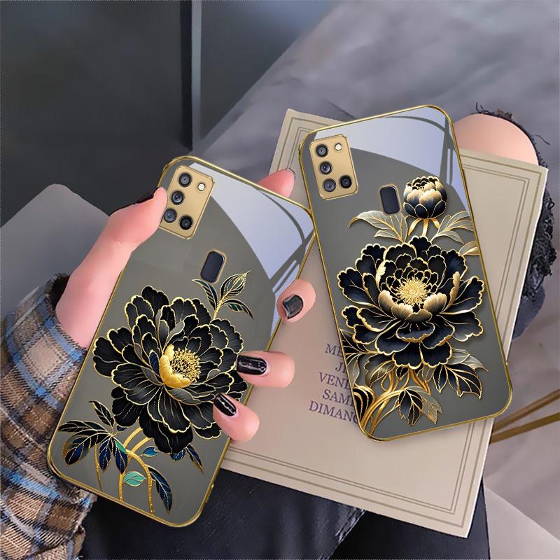 Black Gold Peony Flower For Samsung A 31 32 A33 A34 35 14 A15 13 16 25 26 50 52 53 54 55 56 70 71 72 73 Golden glass phone case