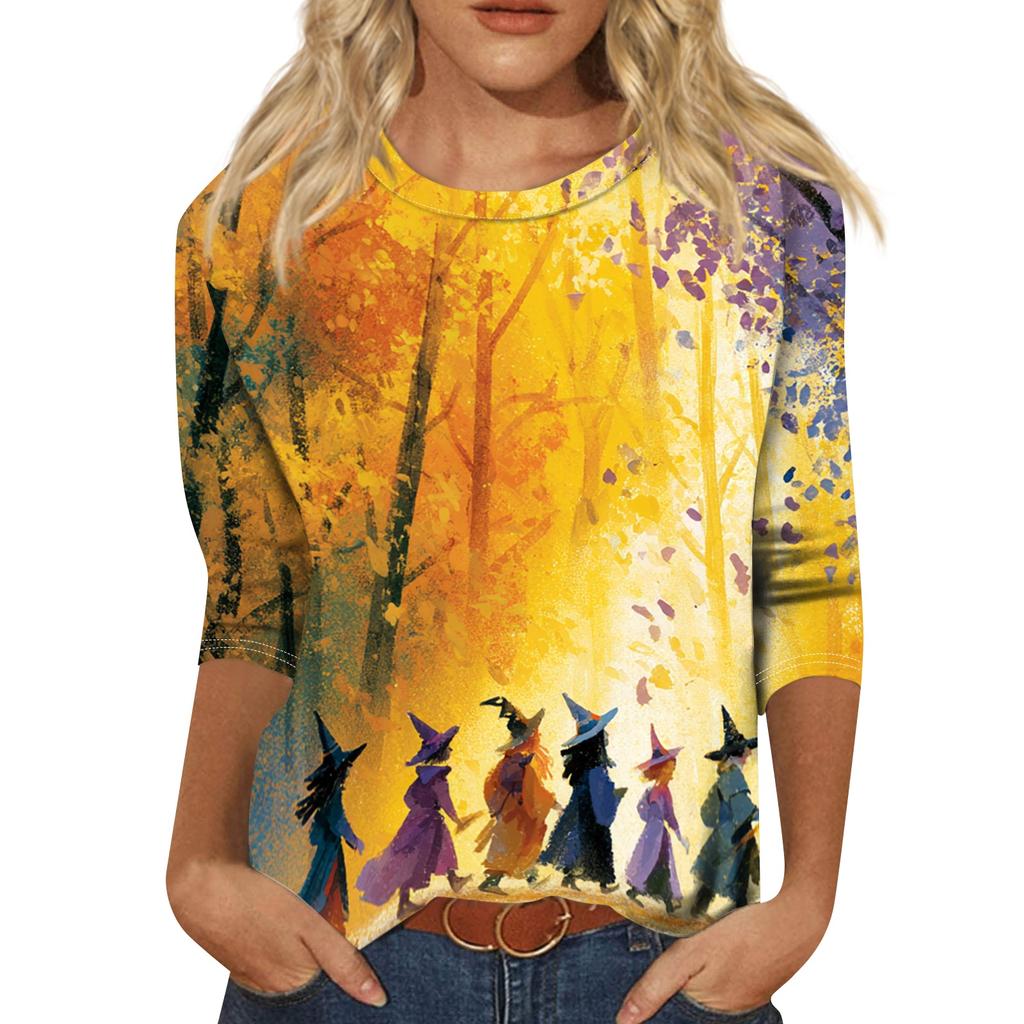 Women's Halloween Print Three-Quarter Sleeve Round Neck Casual T-Shirt Top