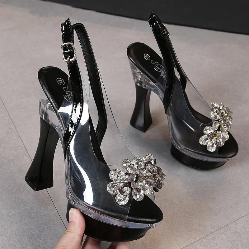 Rhinestone Fishmouth Shoes Nightclub Thick Heel High Heels 14CM Car Model Sandals Female Catwalk Steel Tube Women's Sandals