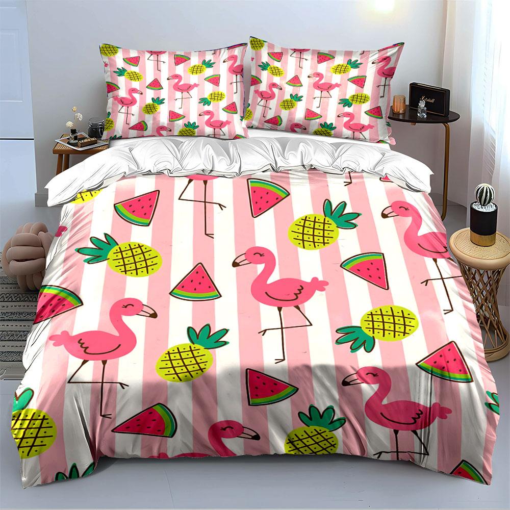 Flamingo Pineapple Watermelon Pattern Bedding Duvet Cover Set Duvet Cover Pillowcases (1*Duvet Cover 2*Pillowcases, Without Duvet Insert)