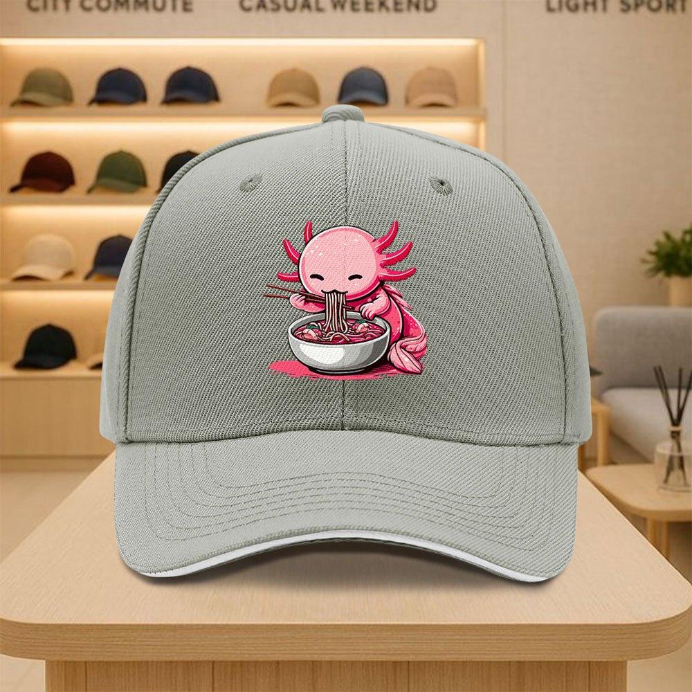 Cute Axolotl Eating Ramen Noodle Baseball Cap Funny Pink Amphibian Graphic Adjustable Polyester Hat Casual Outdoor
