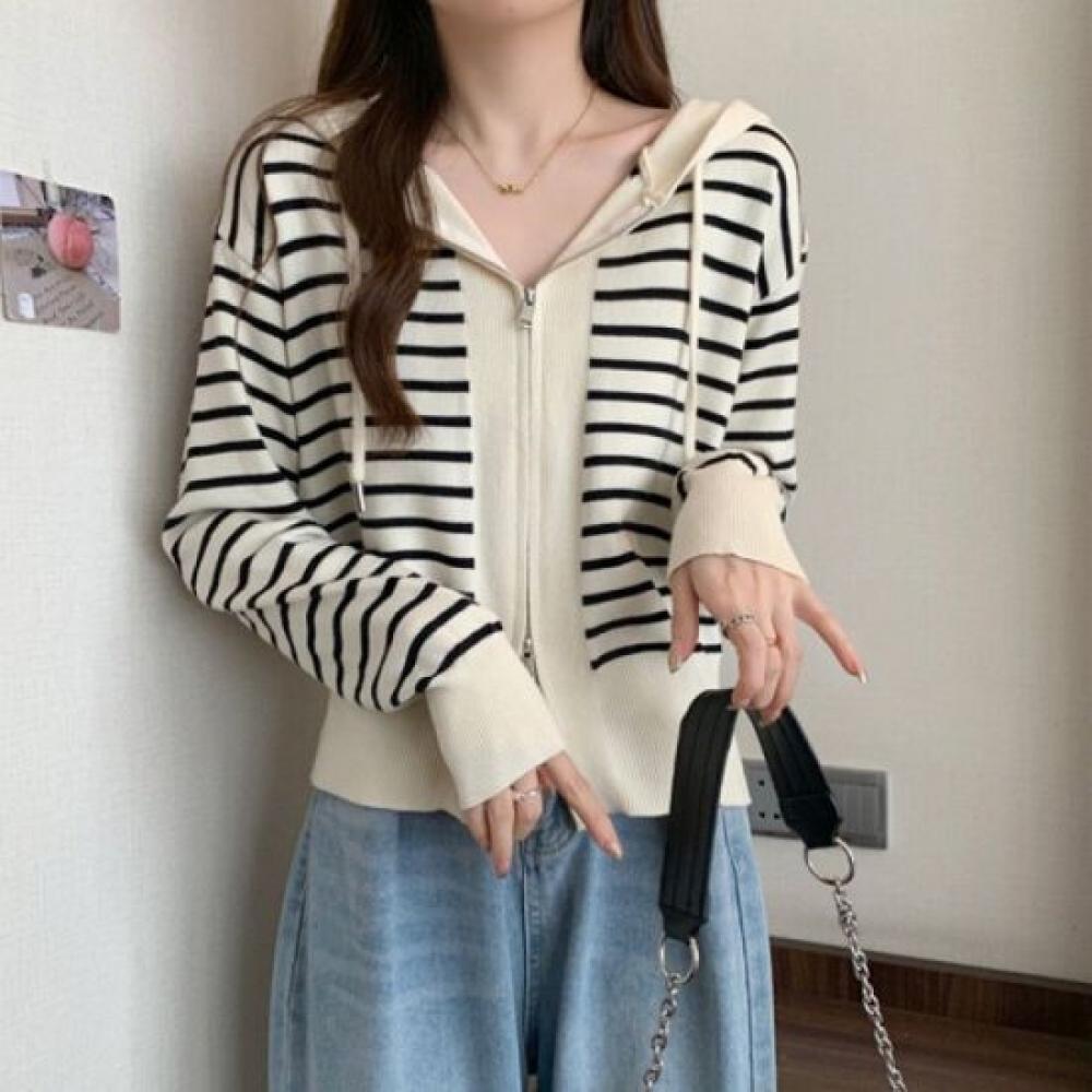 From Heart Women Striped Knit Two Way Hoodie Zip Up