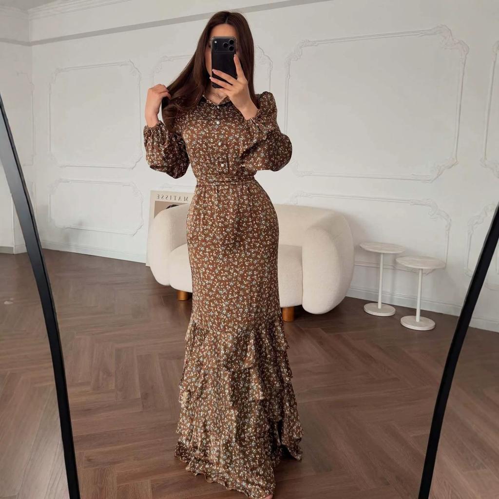 European and American women's cross-border foreign trade 2026 autumn new shirt collar waist long skirt long sleeve floral cake dress dress