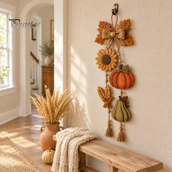 Seasonal Harvest Party Supplies Wooden Autumn Door Sign, Hanging Pendant with Tassel and Beads, Rustic Farmhouse Country Style Fall Ornaments
