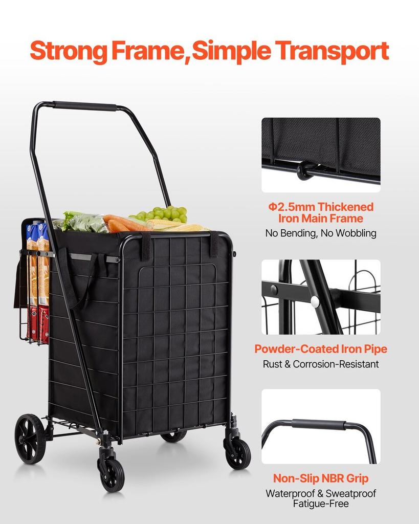 Shopping Cart, Folding Grocery Utility Cart with Dual Baskets, Waterproof Liner & Wheels, 45 KG Large Load Capacity, Heavy Duty Laundry Basket for