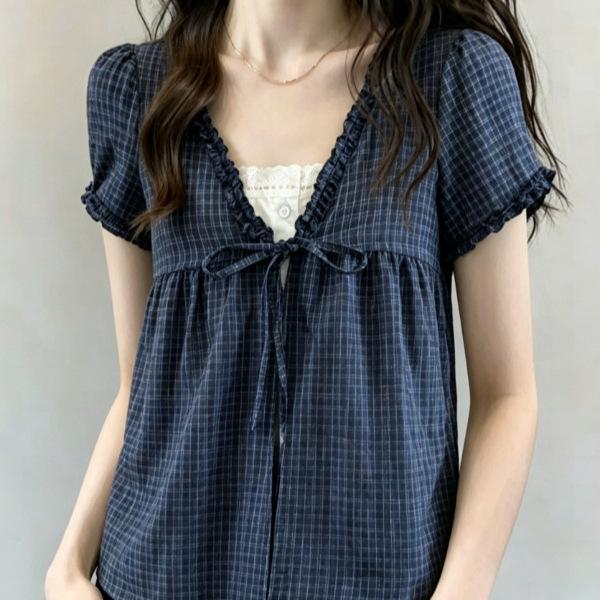 Summer new college style fake two-piece plaid short-sleeved shirt women's fungus edge loose and thin versatile top