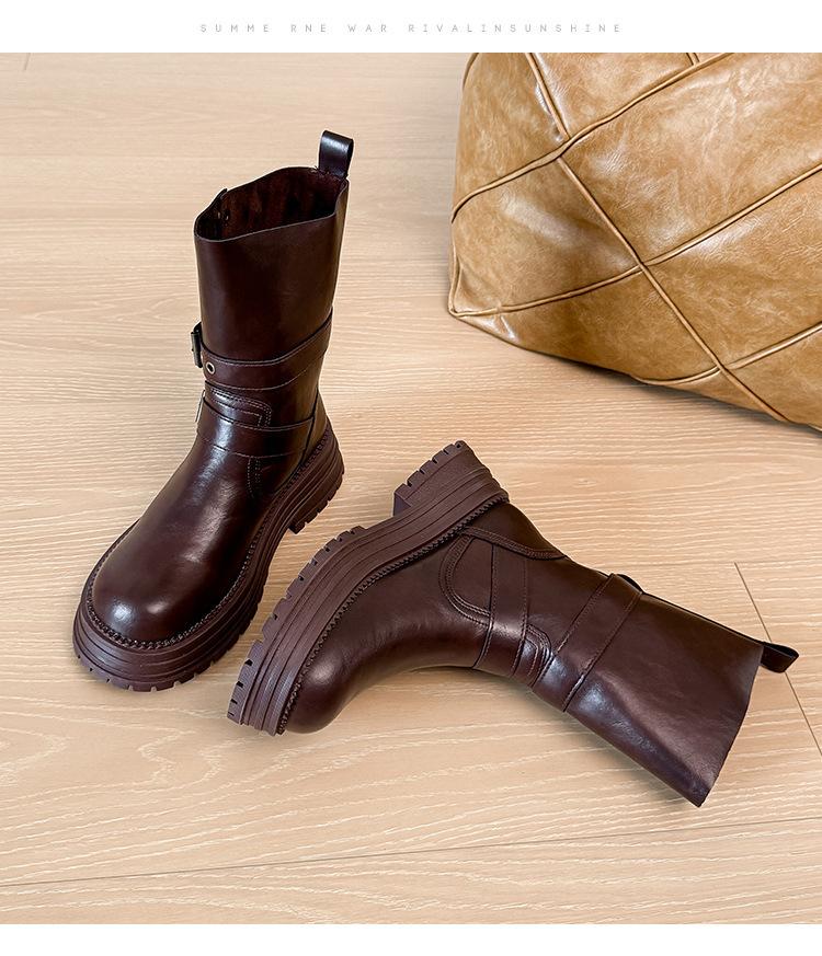 Retro Round Head Versatile Thick Heel Martin Boots 2025 New British Style Belt Buckle Maillard Medium Boots Women