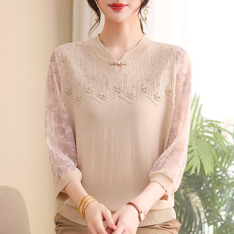 

Elegant Lace-Trimmed Seven-Sleeve T-Shirt for Mid-Aged and Elderly Women - Stylish, Comfortable, Slimming Fit 3XL (Recommended 120-135 jin) бежевий