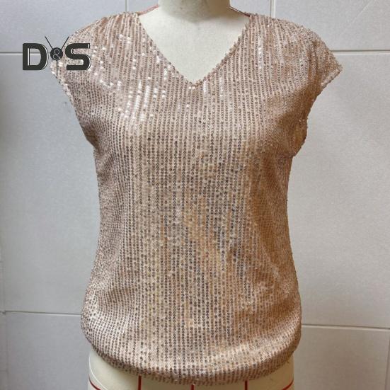 Women Vest Sparkling Sequin Tank Top V Neck Short Sleeve Elastic Party Tops Summer Loose Fit Vest Daily Wear